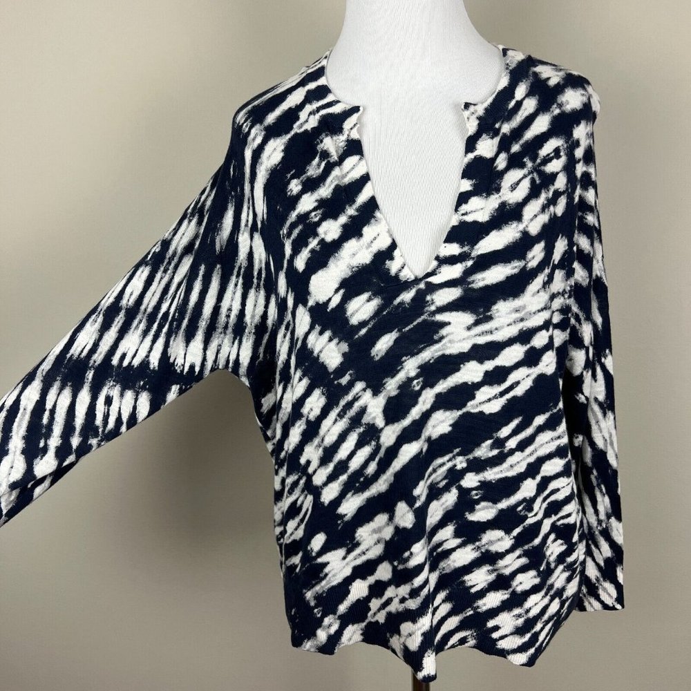 LOFT Sweater Womens Small Navy Tie Dye Split Neck Drop Shoulder Cotton Top New - Picture 4 of 9